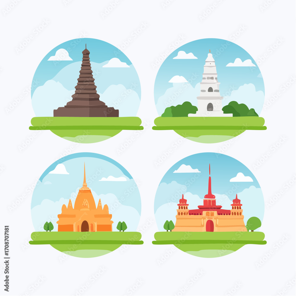 Naklejka premium Icons of Heritage: A collection of four intricately illustrated buildings, each a testament to architectural marvels, presented within circular frames, capturing the essence of history and culture.