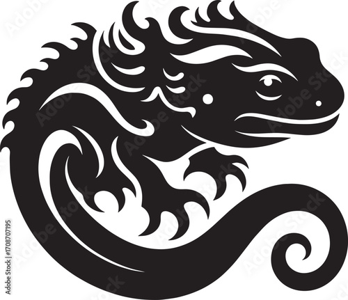 Stylized black salamander silhouette with fiery mane and curled tail artistic design