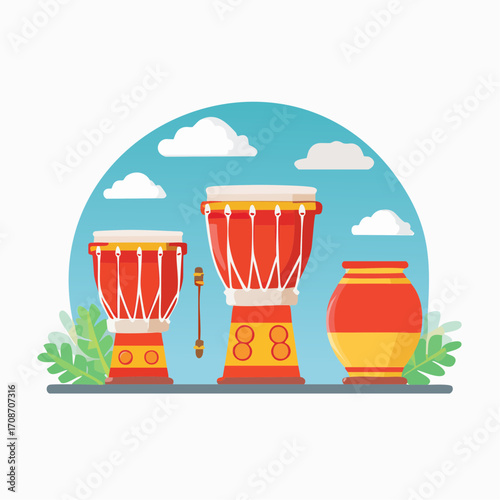 Percussion Harmony: Vibrant illustration of three traditional drums with a backdrop of clouds, leafy details creating rhythm and cultural richness. 