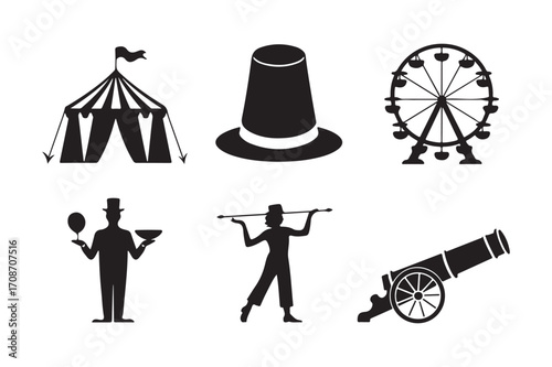 Circus icons silhouette collection featuring tent top hat ferris wheel performers and cannon