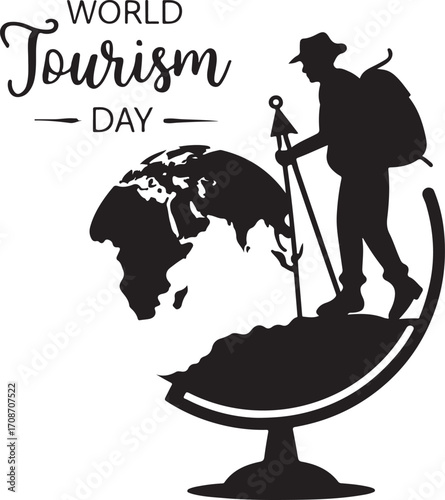 Minimalist World Tourism Day Silhouette with World Map and Traveler