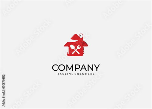 Unique Restaurant and Food Delivery Logo Template – Cute Cartoon Dragon Character Inside House with Spoon Fork Symbol for Cafe, Eatery, and Culinary Business Branding..