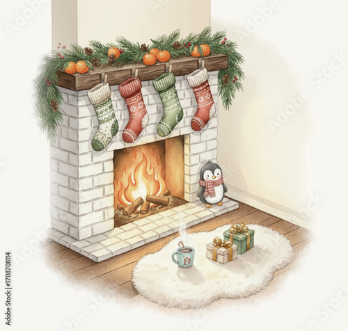 Cozy fireplace scene with lit fire vector illustration