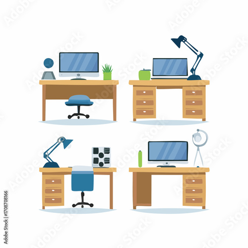 Set of Office Desks: Four office desks meticulously depicted, each uniquely arranged with elements like computers, chairs, and lamps.