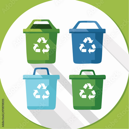 Recycle Bins: Representing a commitment to environmental responsibility. four vividly colored recycling bins, adorned with the iconic recycle symbol.