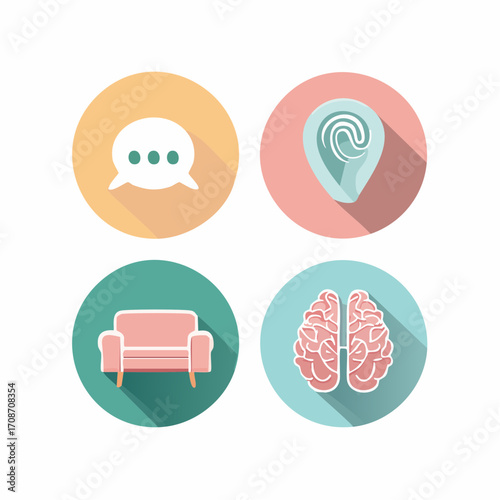 Symbolic Counseling: An artistic conceptualization that combines the abstract world of thought bubbles, auditory experiences, comfort seating, and neural structures