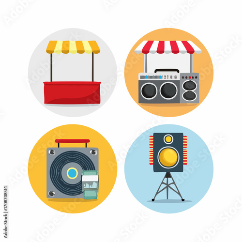 Market Stall Delights: Showcasing vibrant illustration capturing the essence of a marketplace with an array of colorful stalls, offering goods and vibrant audio systems