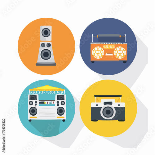 Retro Sound Icons: A vibrant array of icons showcasing classic boombox, speaker, and camera designs, evoking nostalgia for vintage sound and photography.