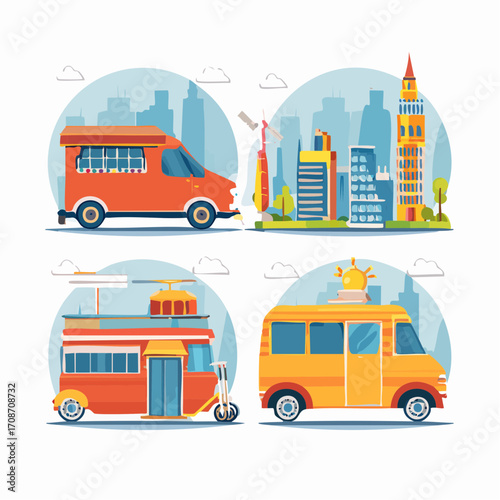 Urban Transport Array: A collection of meticulously crafted illustrations showcases diverse forms of urban transport set against the backdrop of a vibrant cityscape.