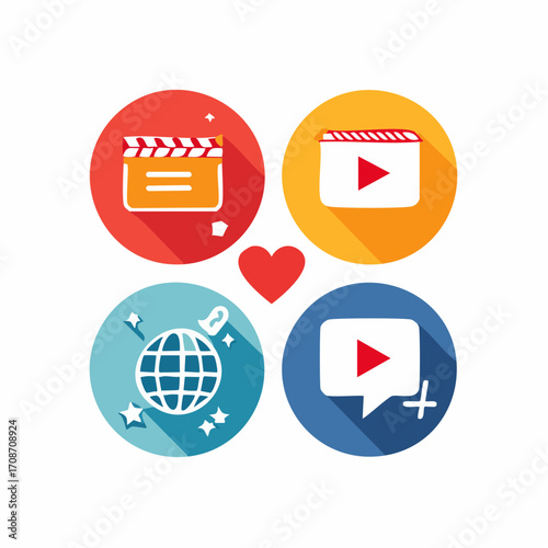 Cinema Icons Set: A colorful and visually appealing icon set embodies the essence of cinema and media, evoking the excitement of movie-making.