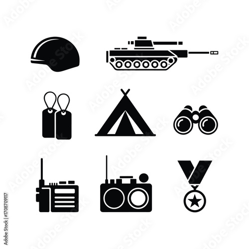 Collection of military icons featuring helmet tank tent binoculars radio and medal on white
