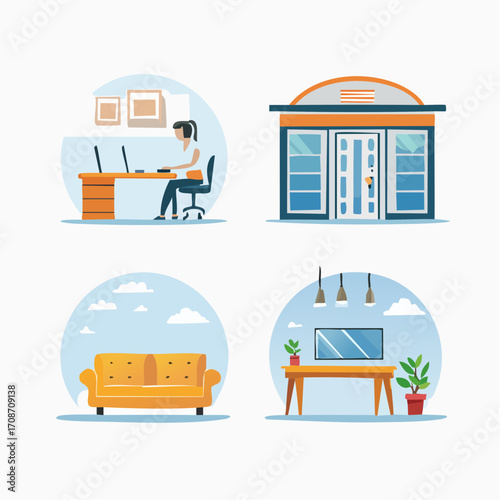 Cozy Home Interiors: A compilation of illustrated home interior scenes showing comfortable workstation, modern living room, office and store.