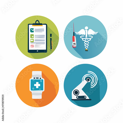 Digital Healthcare Icons: A curated collection of vibrant, modern icons representing various aspects of digital healthcare, including medical charts, medical equipment, and health monitoring.