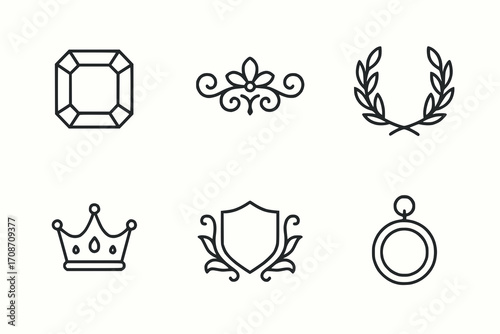 Minimalist royal decoration and ornament icons, black line vector, elegant ceremonial set