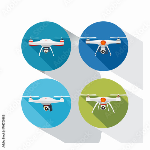 Aerial Innovation: Futuristic quadcopter drones soar within colorful circular backgrounds, representing advanced technology.