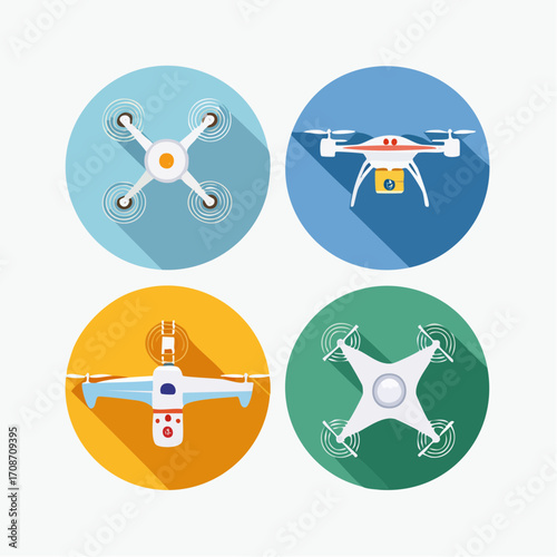 Drone Designs in Circular Frames: A series of diverse drone designs, each rendered in a stylish and modern flat design, presented in a vibrant, color-blocked composition, suitable for technology.