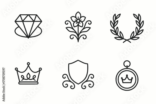 Minimalist royal decoration and ornament icons, black line vector, elegant ceremonial set