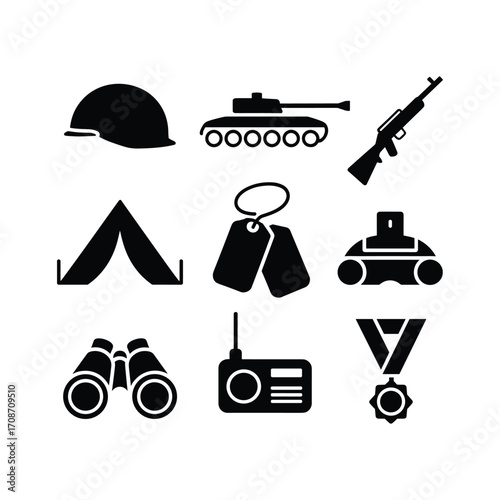 Collection of black military icons including helmet tank rifle tent dog tags radio binoculars medal