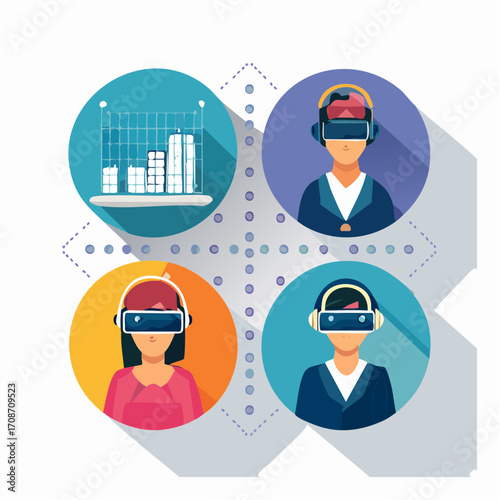 VR Business: A digitally rendered image showcasing the immersive world of virtual reality in business, with avatars engaged in various professional contexts within a virtual environment.