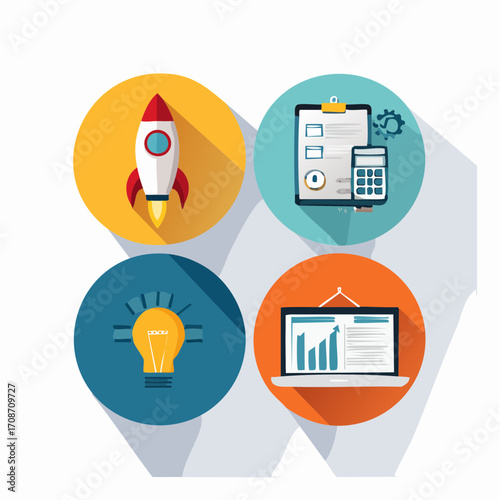 **Four Pillars of Progress** A vibrant graphic design that depicts four essential elements needed for a successful business venture. It includes a rocket ship, a clipboard and calculator, a lightbulb.