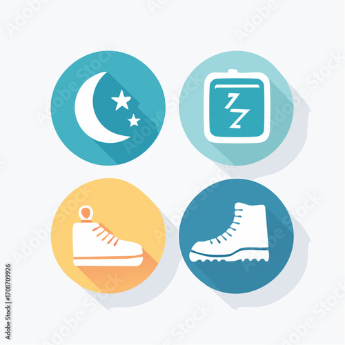 Restful Journey: Iconic illustration showcases the cyclical nature of rest and exploration, featuring symbols of night, sleep, shoes. Capturing the essence of serene recharge and adventure.