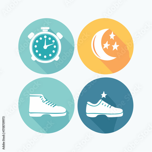 Clock, Night, Shoe and Footwear Icons: A quartet of brightly-colored icons presents themes of time, slumber, and shoes, suggesting a journey through the day and night.