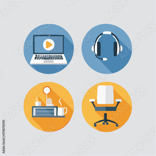 Digital workspace: A set of iconographic illustrations symbolizing modern digital office elements, from communication to ergonomics.