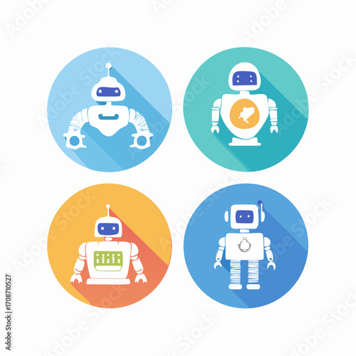 Robotics and Automation: a colorful illustration of four different robots each encased within individual circular frames, symbolizing technological advancement, innovation.