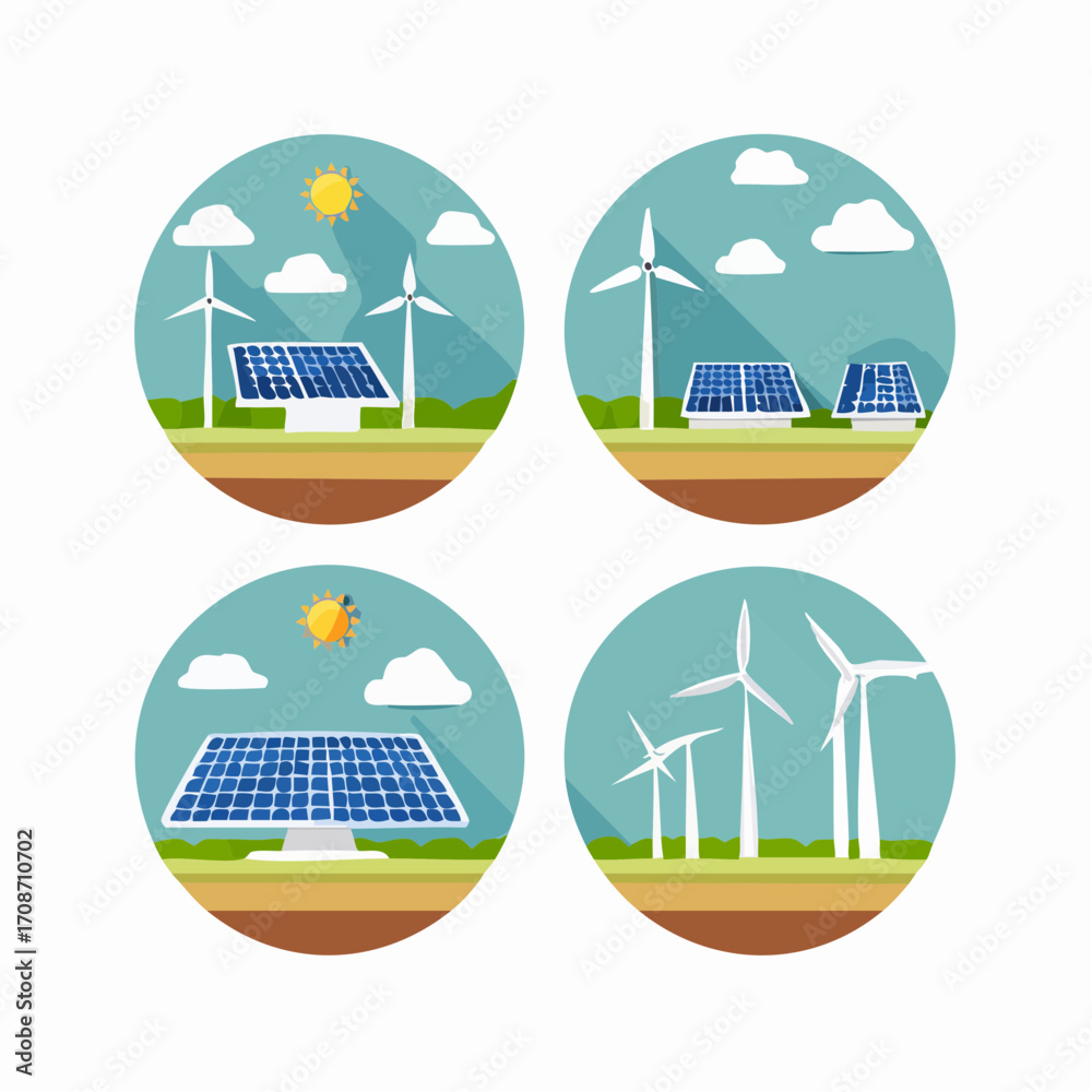 Obraz premium Eco-Friendly Energy: The illustration illustrates solar panels and wind turbines in a circular design that highlights the concept of renewable and eco-friendly energy. 
