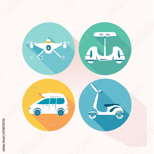 Innovative Transport Quartet: A visually striking composition of illustrations presenting a modern range of transportation options, including drone, self-balancing scooter, scooter and camper van.