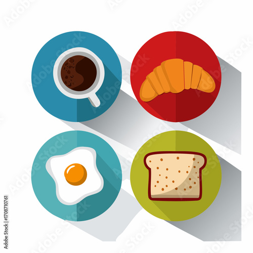 Breakfast Menu: A top-down view of four distinct breakfast elements: a steaming cup of coffee, a flaky croissant, a perfectly cooked fried egg, and a slice of toasted bread.