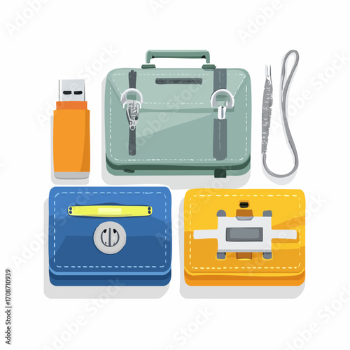Essential Tools: An organized array of a flash drive, a stylish briefcase, a wrist strap, and two vibrant wallets are ready to serve your digital and financial needs, all presented in a flat.