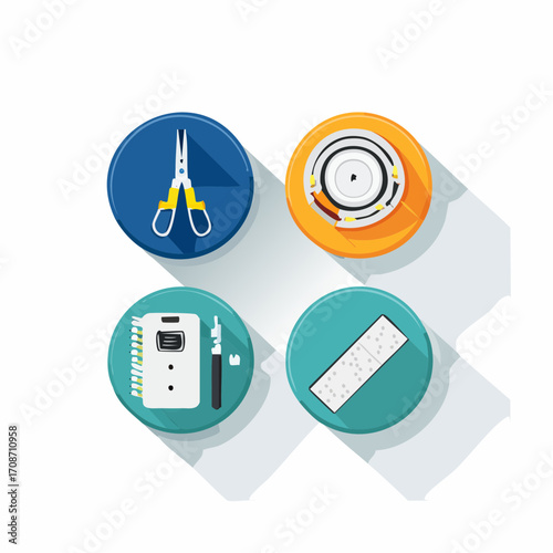 Tools Icon Collection: A vibrant collection of four tools icons arranged against a clear background, each representing a different functional device. The icons are rendered in a modern.