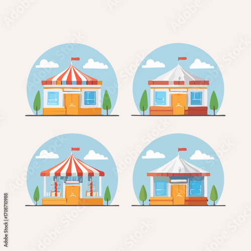 Carnival Booth Variety: A delightful array of colorful carnival booths under a blue sky, evoking the festive atmosphere of a lively fairground or amusement park.  
