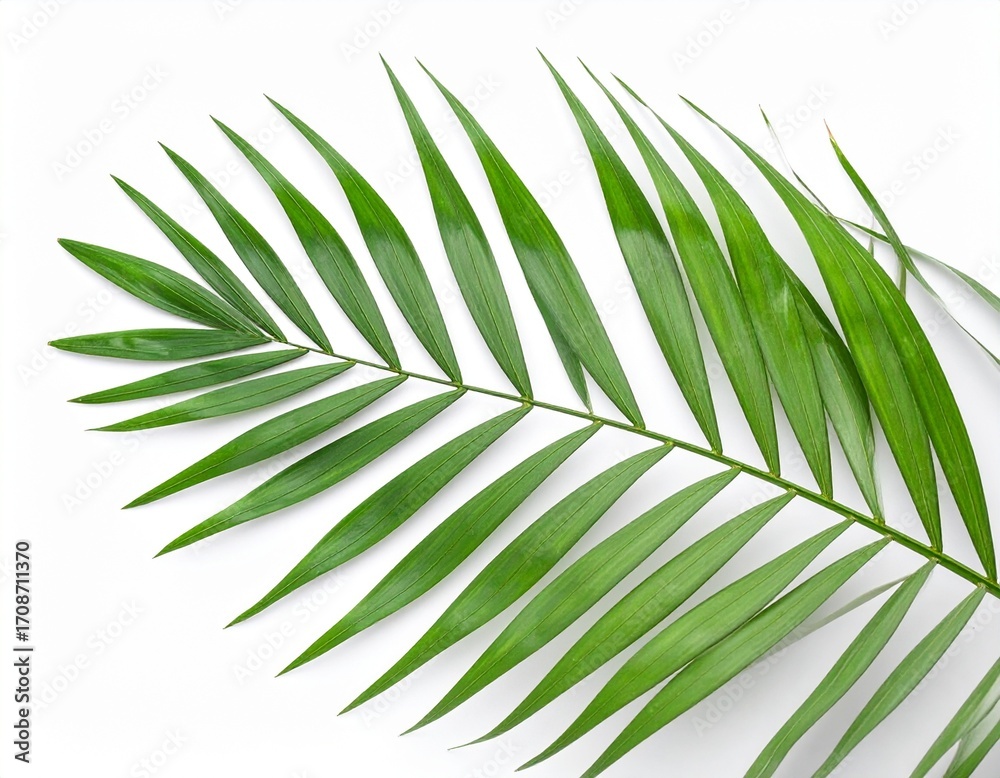 Fototapeta premium Single Green Palm Frond Isolated on White Background.
