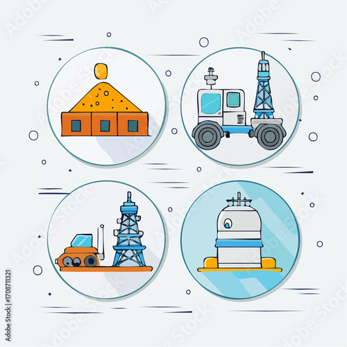 Industrial Icons: Showcasing a set of meticulously crafted flat illustrations, depicting various facets of industry, emphasizing the tools of production and resource management. 
