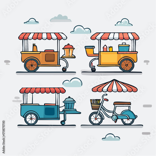 Street Food Cart Collection: A charming collection of colorful street food carts, each boasting a unique design and vibrant colors, inviting a sense of culinary adventure.