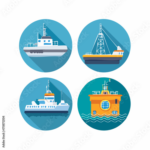 Naval Fleet: The image showcases various detailed illustration of naval vessels, each unique in design and purpose, floating serenely in the vast ocean under a clear sky.