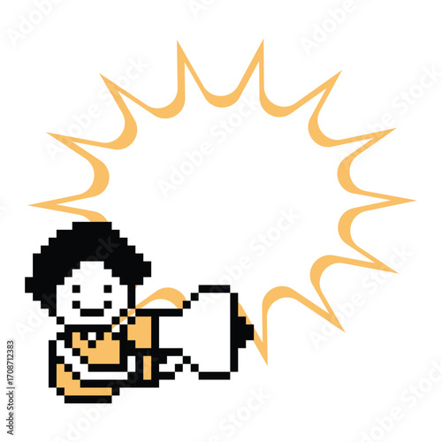 Pixel art cartoon character man cute with megaphone announcement speaker information announce decoration 8 bit male boy megaphone cartoon pixel game png vector.