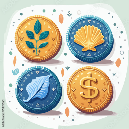Coins of Nature and Currency: A collection of uniquely designed coins features nature-inspired motifs, including a sprig, leaf, and seashell, alongside a dollar sign.