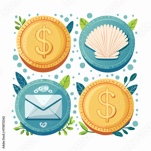 Monetary Icon Collection: A meticulously crafted illustration presents a collection of four circular icons. Each emblem, bordered by lush green leaves.