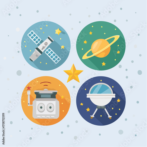 Celestial Dream: A whimsical illustration showcasing space exploration, with vibrant planets, a futuristic spacecraft, and a curious satellite floating in an artistic galaxy.