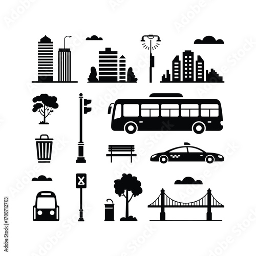 Urban cityscape elements collection icons silhouette bus taxi buildings bridge traffic lights trees trash can street light