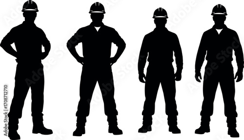Construction workers silhouette wearing safety helmets and uniform standing in line for industrial labor, teamwork, safety, and workforce representation