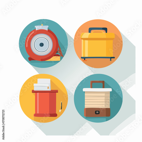 Office Appliances Illustrations: A vibrant collection of four digitally rendered office appliances, showcasing a fan, a toaster, a paper shredder, and a small heater, each presented in a flat.