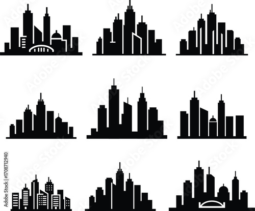 Building icons set, outline skyscraper and office buildings