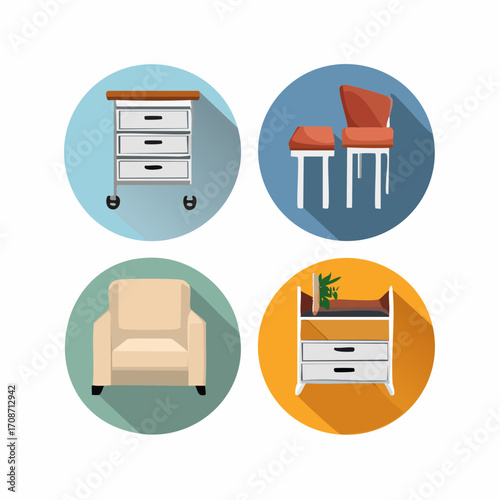 Stylish Furniture in a Set: Illustrative image showing diverse home furniture pieces in distinct circles. This compilation emphasizes an ensemble.
