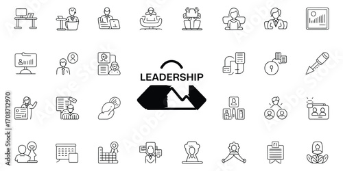 Business Leadership and Management Icon Set with Teamwork and Strategy Elements Keywords: leadership, management, business