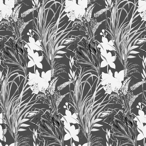 Botanical seamless pattern with graceful flowers and orchid sulhouettes for textiles (2). High quality photo