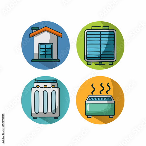 Clean Energy Icons: A collection of colorful icons representing sustainable living, showcasing a house, solar panel, washing machine, and heating appliance.